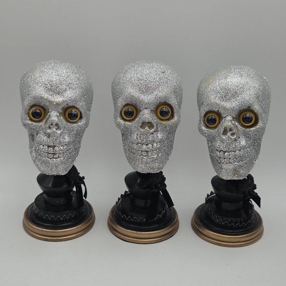 Vintage Lots of 3 Glittered Skull Head Blow Mold w/ Stand Prop Halloween Decor